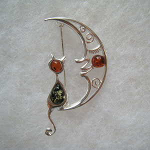 Broche chat lunaire - bijou ambre et argent