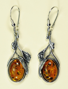 Boucles d'oreilles style ancien feuilles - bijou ambre et argent