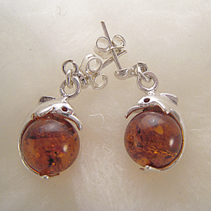 Boucles d'oreilles boule dauphin - bijou ambre et argent