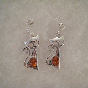 Boucles d'oreilles chat malin - bijou ambre et argent