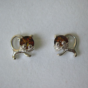 Boucles d'oreilles chaton - bijou ambre et argent