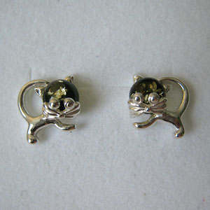 Boucles d'oreilles chaton - bijou ambre et argent