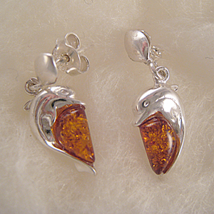 Boucles d'oreilles demi-coeur dauphin - bijou ambre et argent