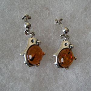 Boucles d'oreilles pingouin - bijou ambre et argent