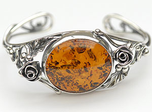 Bracelet rigide roses - bijou ambre et argent