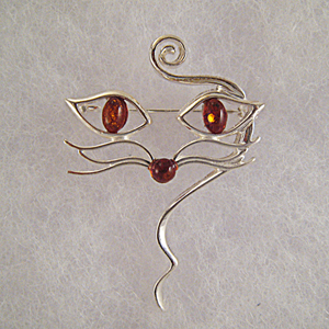 Broche chat moustache - bijou ambre et argent