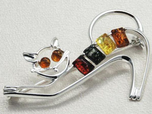 Broche chat - bijou ambre et argent