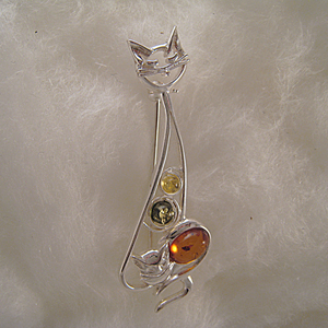 Broche chat avec son petit - bijou ambre et argent