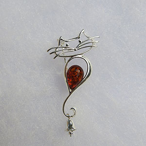 Broche chat clochette - bijou ambre et argent