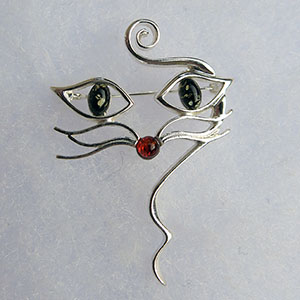 Broche chat multicolore - bijou ambre et argent