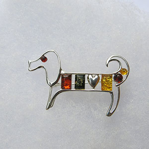 Broche chien multicolore  - bijou ambre et argent