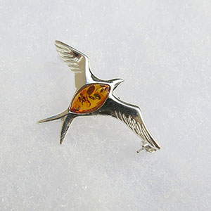 Broche hirondelle  - bijou ambre et argent