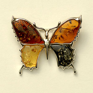 Broche papillon multicolore - bijou ambre et argent