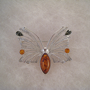 Broche papillon fin - bijou ambre et argent