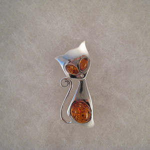 Broche chat malin - bijou ambre et argent