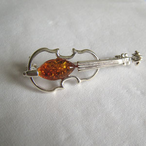 Broche violon argent - bijou ambre et argent