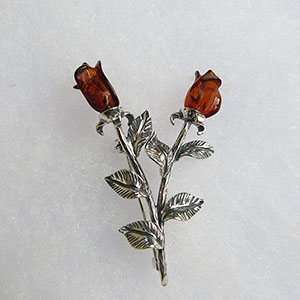 Broche Rose double  - bijou ambre et argent