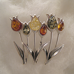 Broche tulipes multicolore - bijou ambre et argent