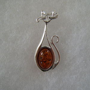 Pendentif chat moustache - bijou ambre et argent