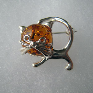 Broche chaton - bijou ambre et argent