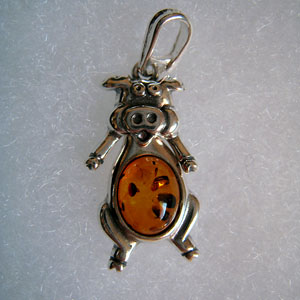 Pendentif cochon - bijou ambre et argent