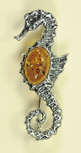 Broche hippocampe - bijou ambre et argent