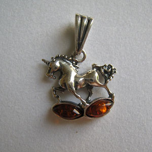 Pendentif licorne - bijou ambre et argent