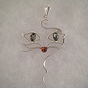 Pendentif moustache de chat - bijou ambre et argent