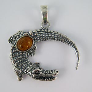 Pendentif crocodile - bijou ambre et argent