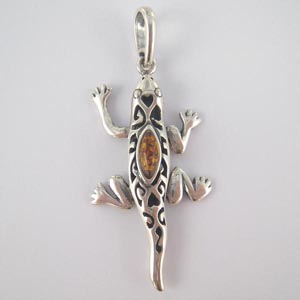 Pendentif salamandre - bijou ambre et argent