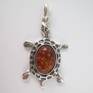 Pendentif tortue  de terre - bijou ambre et argent