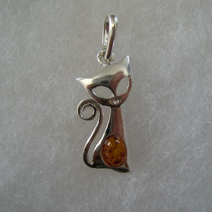 Pendentif chat mode - bijou ambre et argent