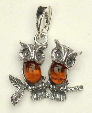 Pendentif couple de chouette - bijou ambre et argent