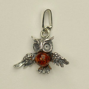 Pendentif chouette - bijou ambre et argent