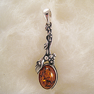 Pendentif feuille et grappe de raisin - bijou ambre et argent