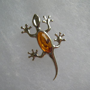 Broche salamandre - bijou ambre et argent